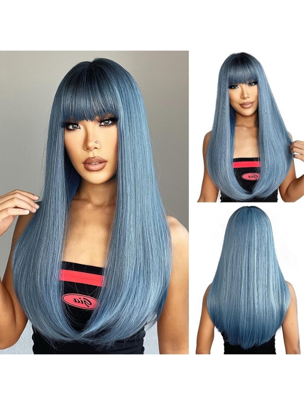 Women's Blue 22 Inch Heat Resistant Synthetic Long Straight Wigs Bangs